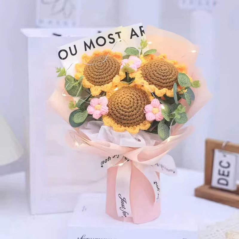 Finished Crochet Flowers Bouquet Handmade Sunflower Bouquet Valentines Gift Wedding Decor Knitted Flower Bouquet with Gift Bag