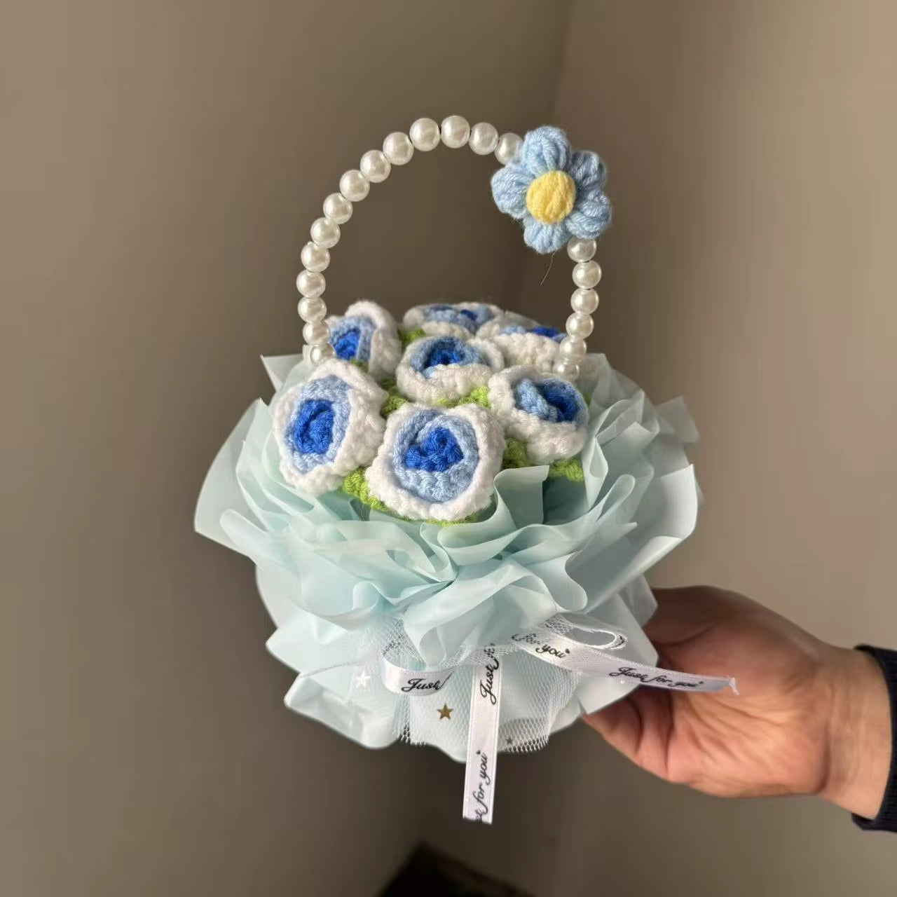 Finished Crochet Flowers Bouquet Handmade Sunflower Bouquet Valentines Gift Wedding Decor Knitted Flower Bouquet with Gift Bag