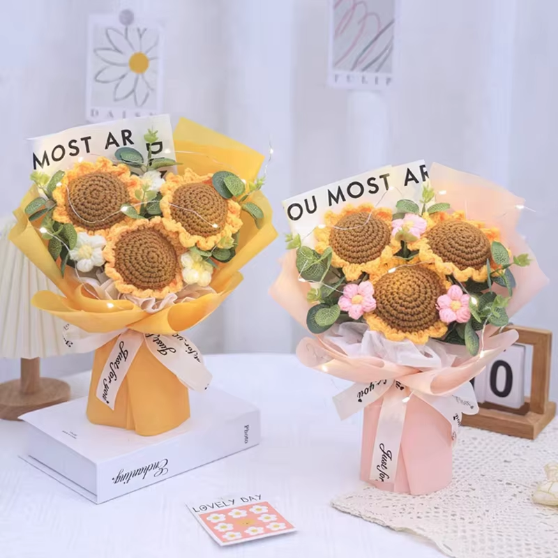 Finished Crochet Flowers Bouquet Handmade Sunflower Bouquet Valentines Gift Wedding Decor Knitted Flower Bouquet with Gift Bag