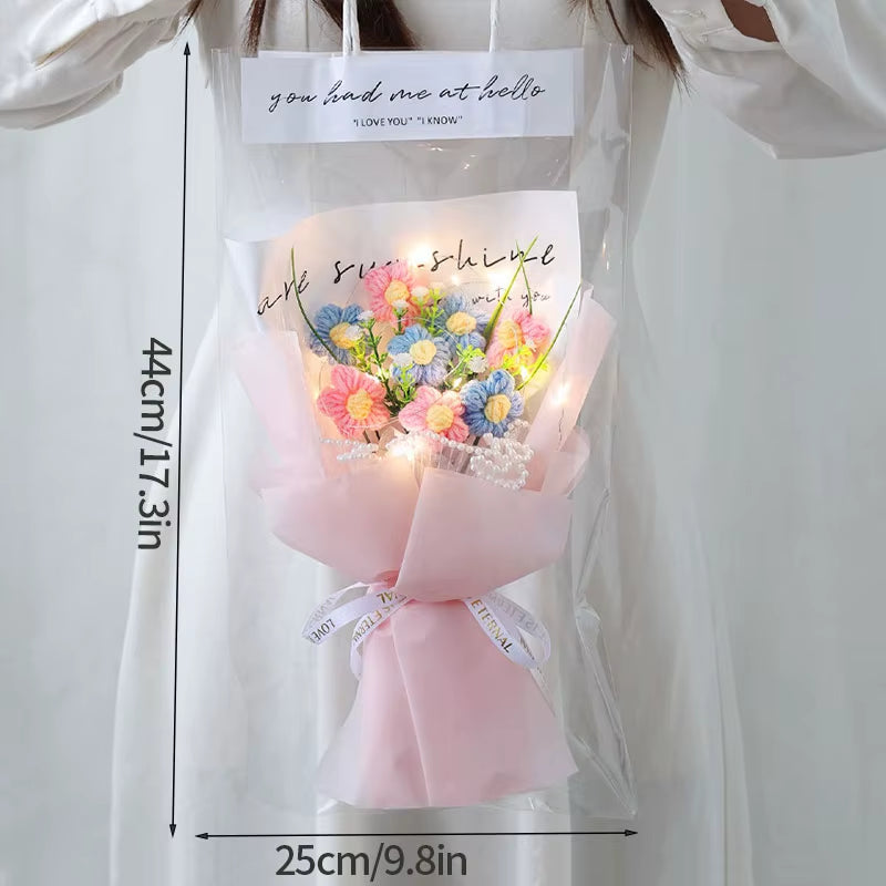 Finished Crochet Flowers Bouquet Handmade Sunflower Bouquet Valentines Gift Wedding Decor Knitted Flower Bouquet with Gift Bag