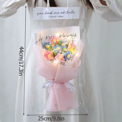 Finished Crochet Flowers Bouquet Handmade Sunflower Bouquet Valentines Gift Wedding Decor Knitted Flower Bouquet with Gift Bag