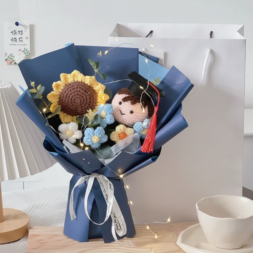 Handmade Crochet Sunflower Bouquet – Knitted Flowers with Gift Bag, Perfect for Valentine’s or Weddings