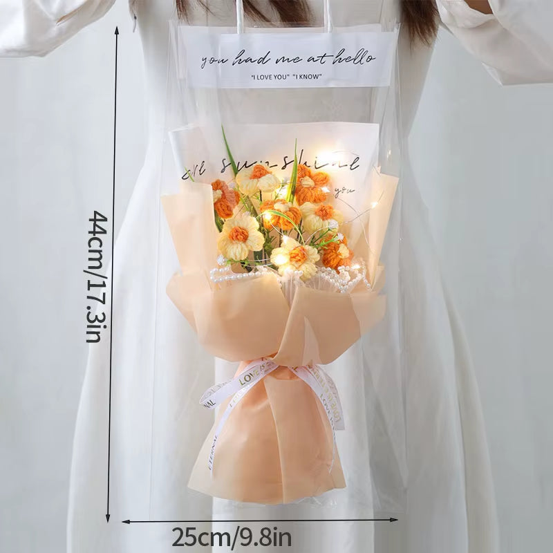 Finished Crochet Flowers Bouquet Handmade Sunflower Bouquet Valentines Gift Wedding Decor Knitted Flower Bouquet with Gift Bag