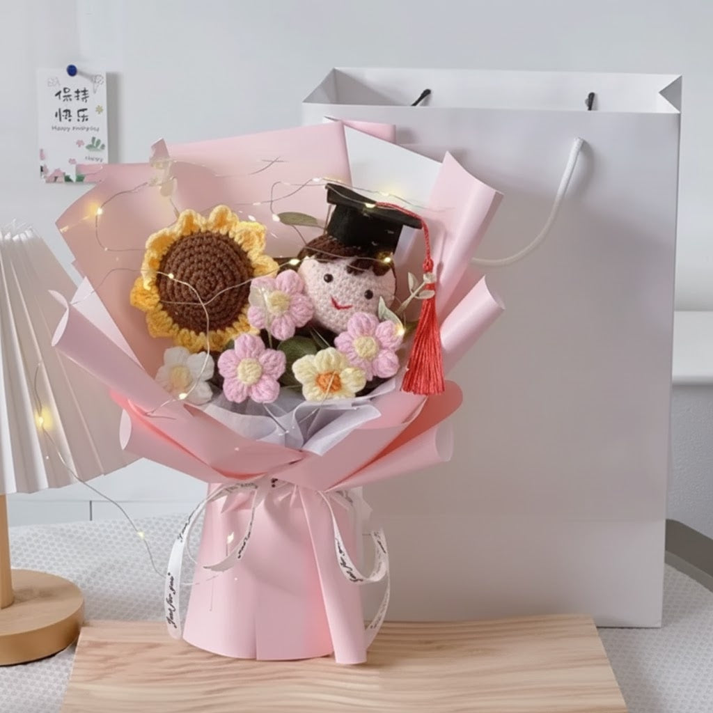 Handmade Crochet Sunflower Bouquet – Knitted Flowers with Gift Bag, Perfect for Valentine’s or Weddings